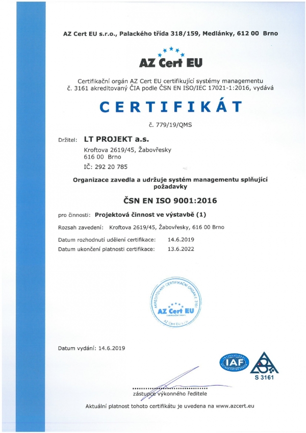  Certifikát SYSTÉMU ŘÍZENÍ KVALITY ISO 9001